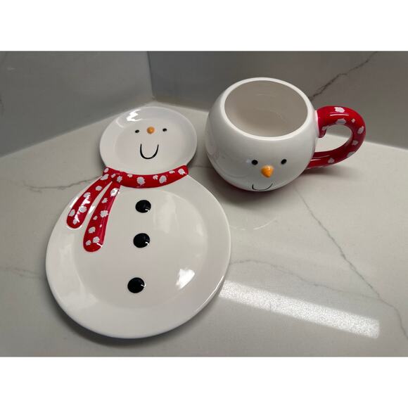 NIB Department 56 2 piece Set Snowman Snack Set Plate and Mug Red Scarf - Picture 1 of 7